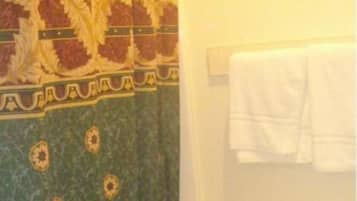 Combined shower/bathtub, deep-soaking bathtub, free toiletries, towels