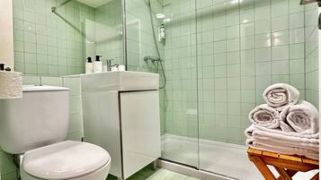 Apartment, 1 Bedroom (3) | Bathroom | Shower, free toiletries, hair dryer, towels