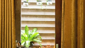 Un umbral que da a una habitación con una cama, una planta grande en maceta y colgantes.