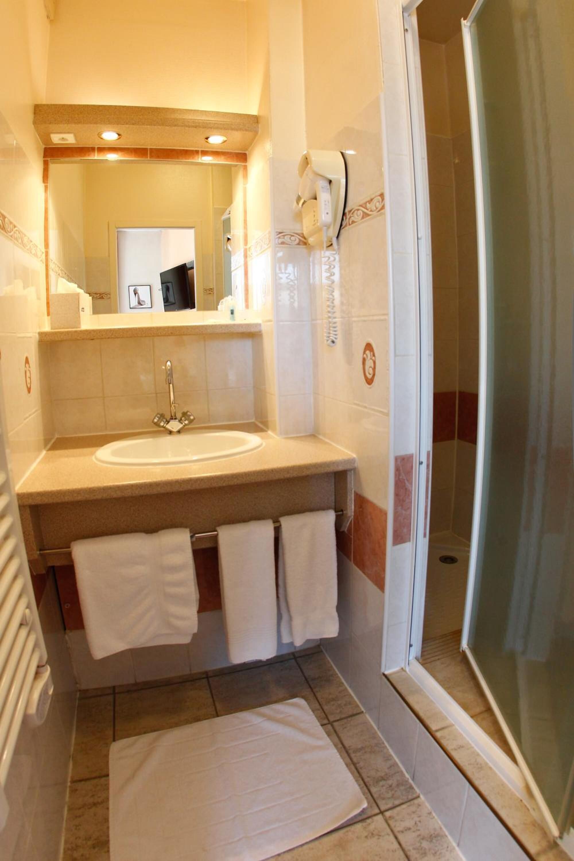 shower, free toiletries, hair dryer, towels