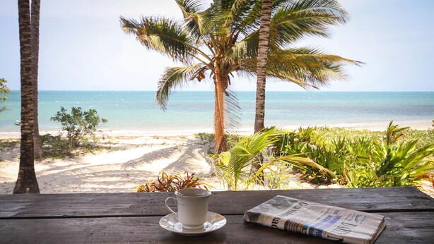 Une table en bois, sur laquelle se trouvent une tasse blanche et un journal, donnant sur une plage bordée de palmiers et sur l’océan.