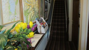 Un pasillo con un mapa, un escritorio con un florero y una escalera.