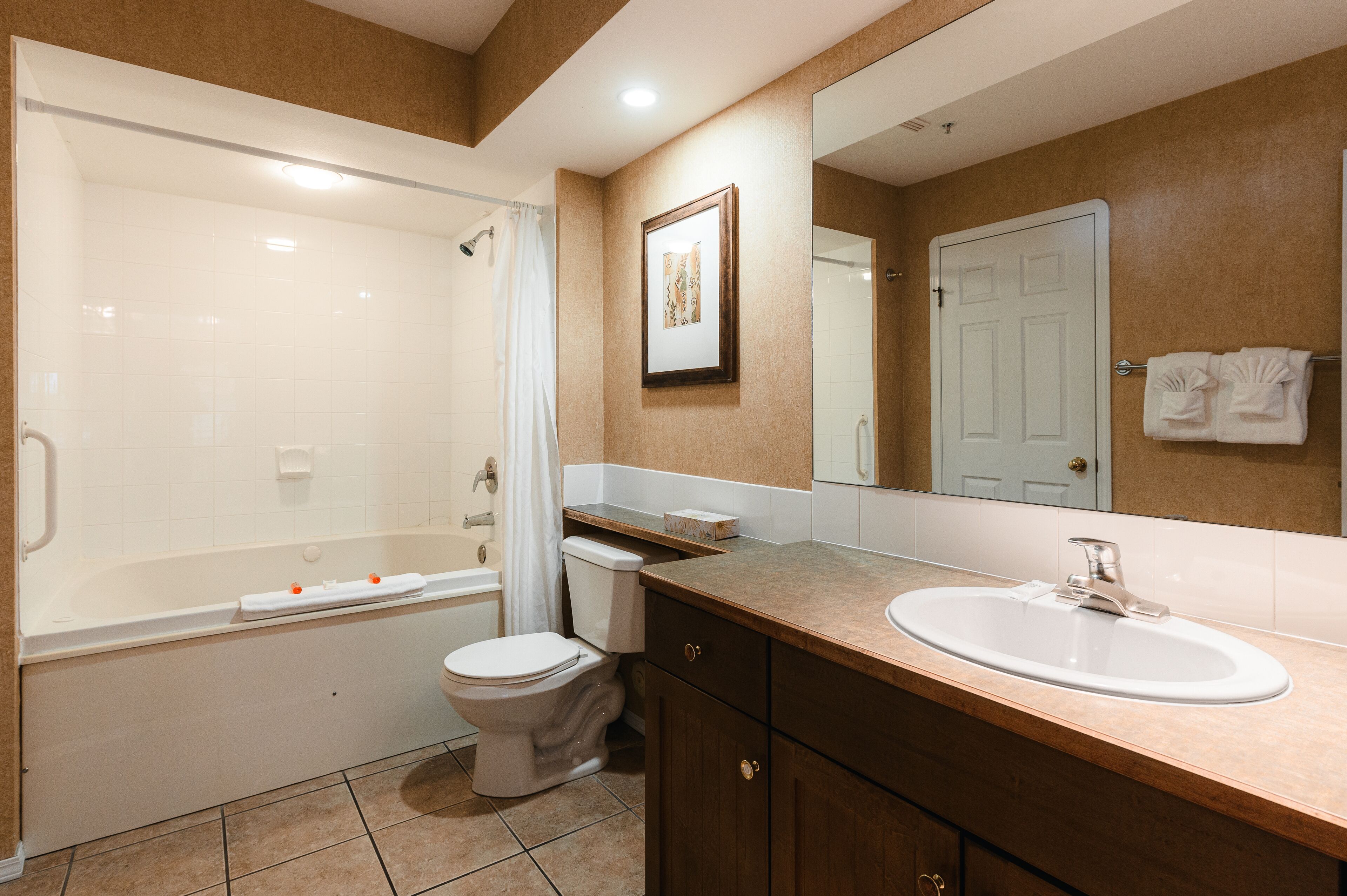A modern bathroom with a walk-in shower, a toilet, a sink, and a large mirror.