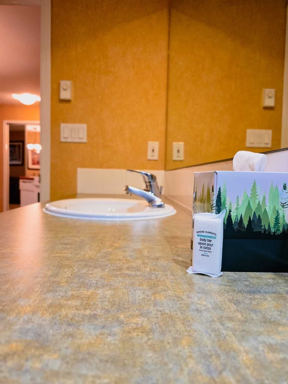 Un baño con un lavabo, dispensador de toallas y dispensador de jabón en la encimera.