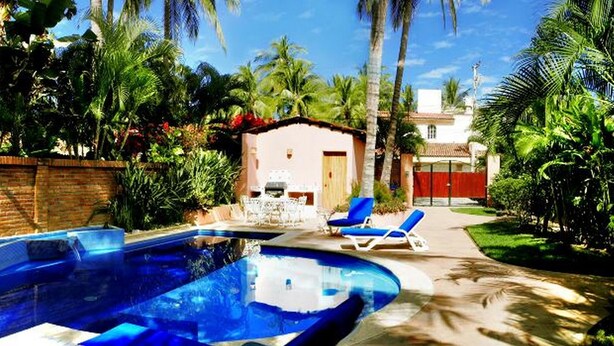 A swimming pool with lounge chairs, surrounded by palm trees and a brick wall.