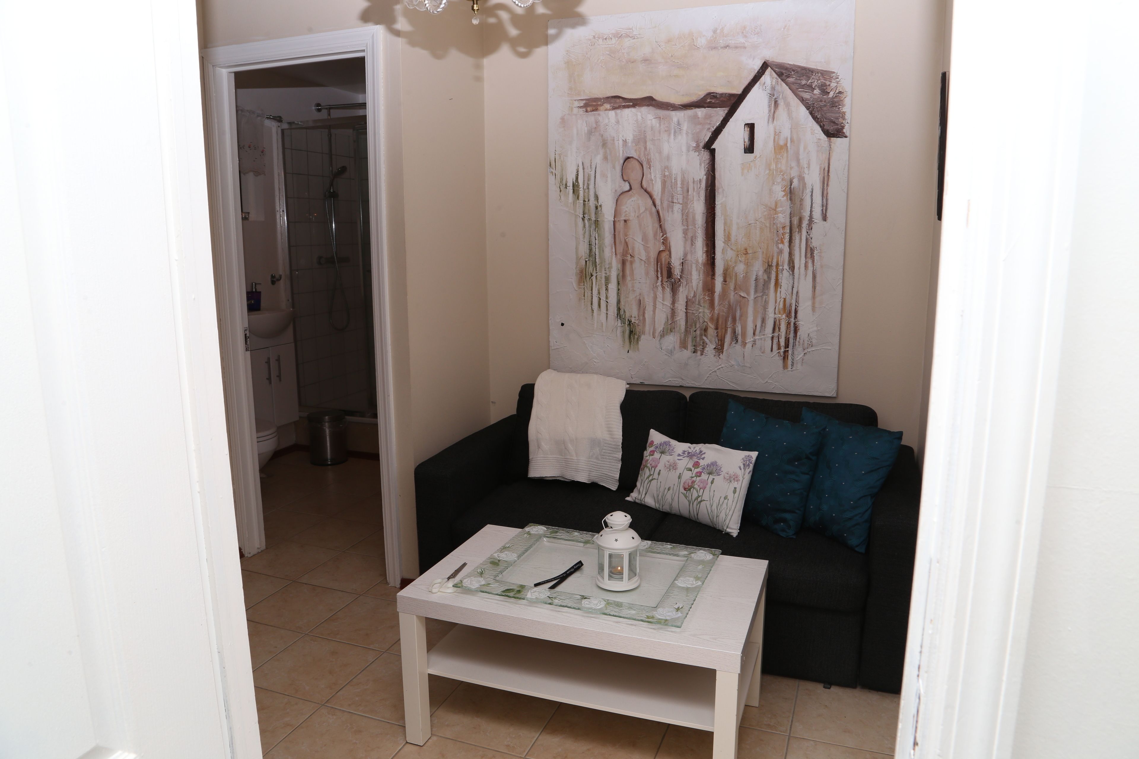 A living room with a white coffee table, a black sofa with blue cushions, a painting on the wall, and a shower visible through an open door.