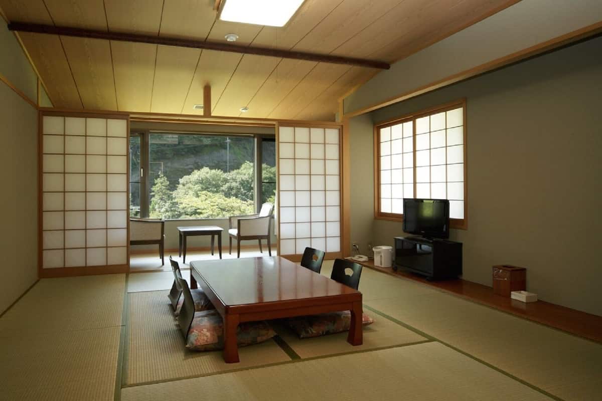 A traditional Japanese room with tatami flooring, a low table, chairs, a television, and a view of greenery outside.