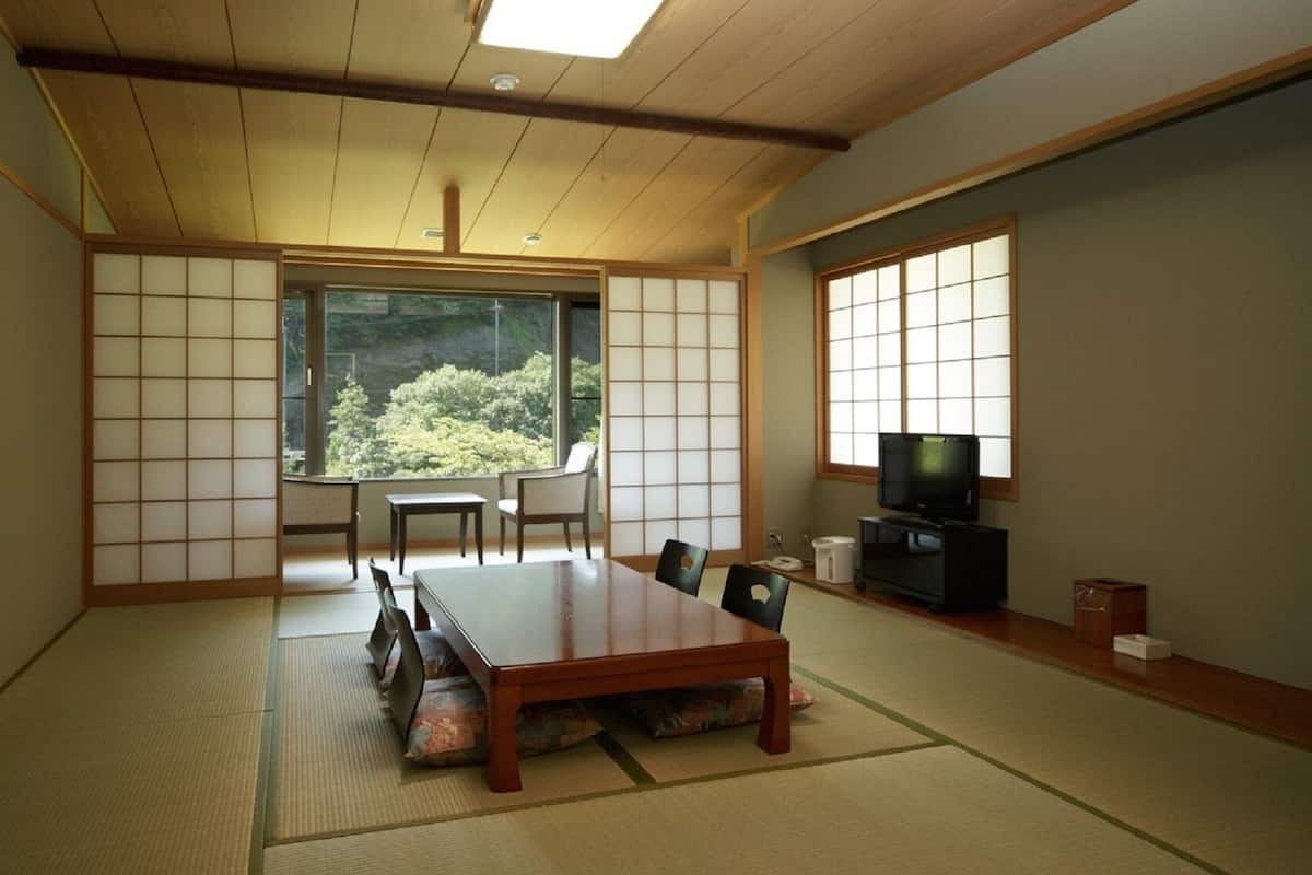 A traditional Japanese room with tatami flooring, a low table, chairs, a television, and large windows.