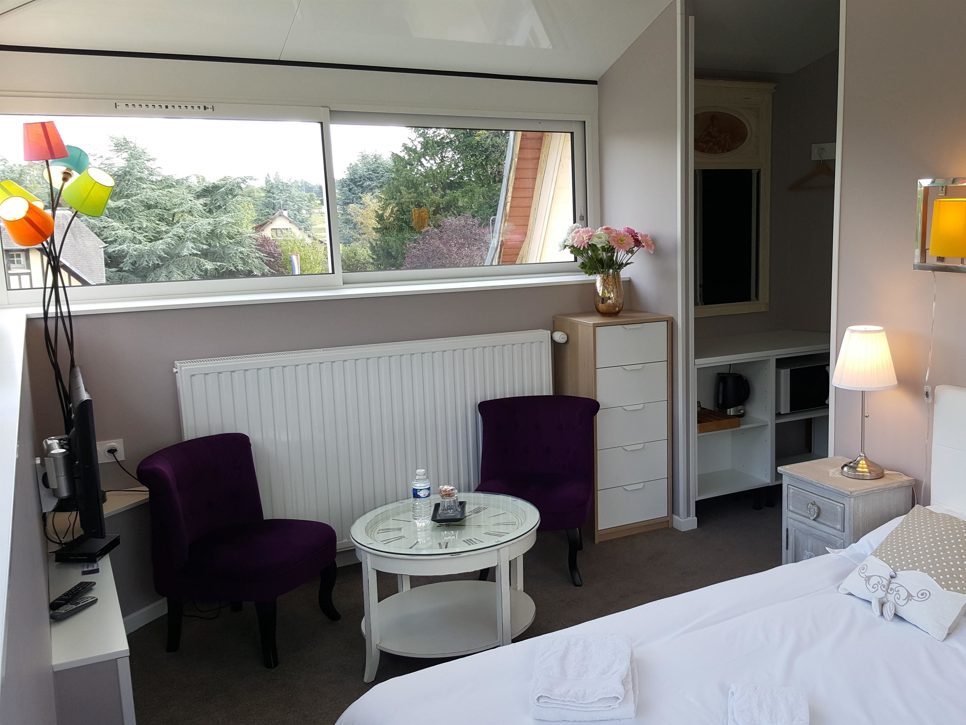 Habitación de hotel con una cama, dos sillas moradas, una mesita redonda, un radiador, un escritorio con una computadora, una lámpara y una ventana que da a vistas de árboles y una casa.