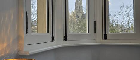A room with a view of a cathedral through a window with black frames.