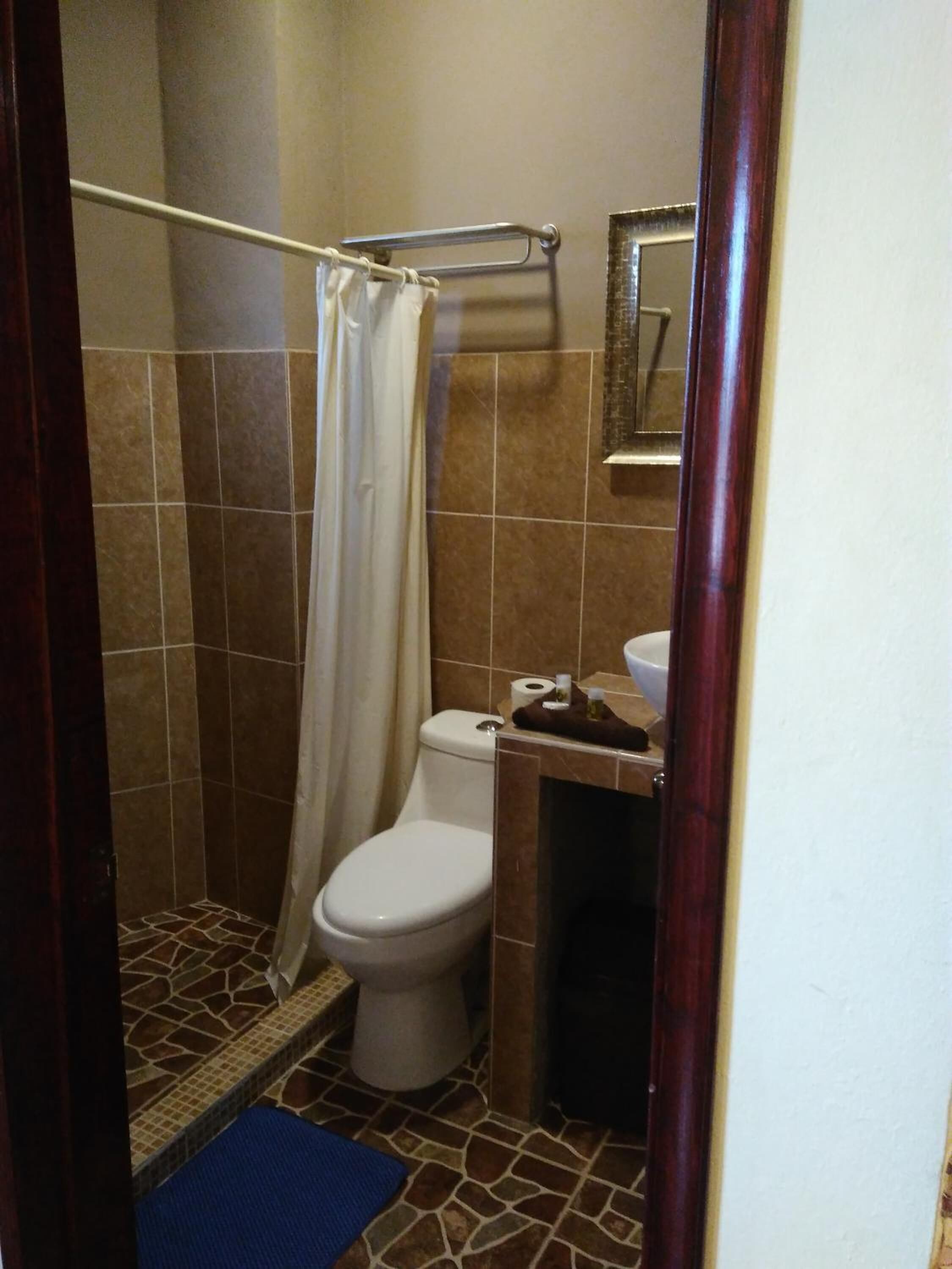 A bathroom with a shower, toilet, and sink.