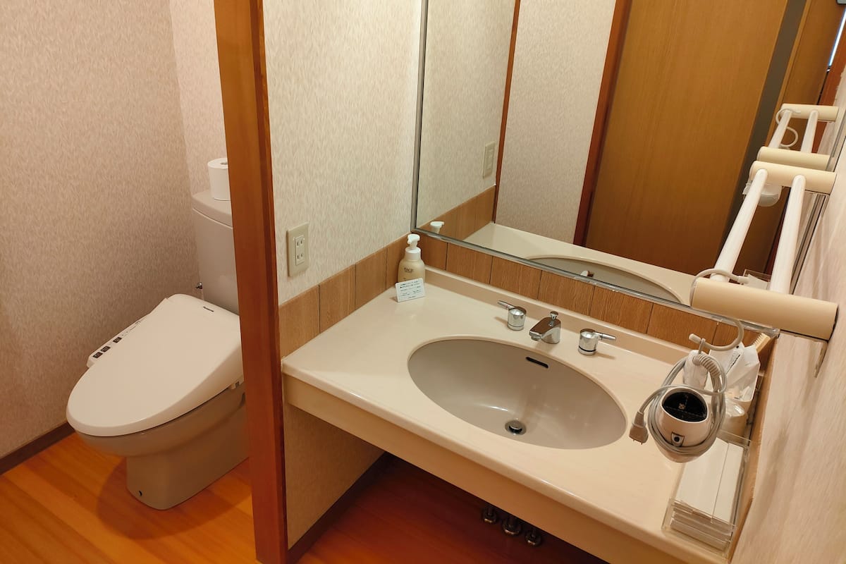 Ein Badezimmer mit Toilette, Waschbecken, Spiegel und Handtuchhalter.
