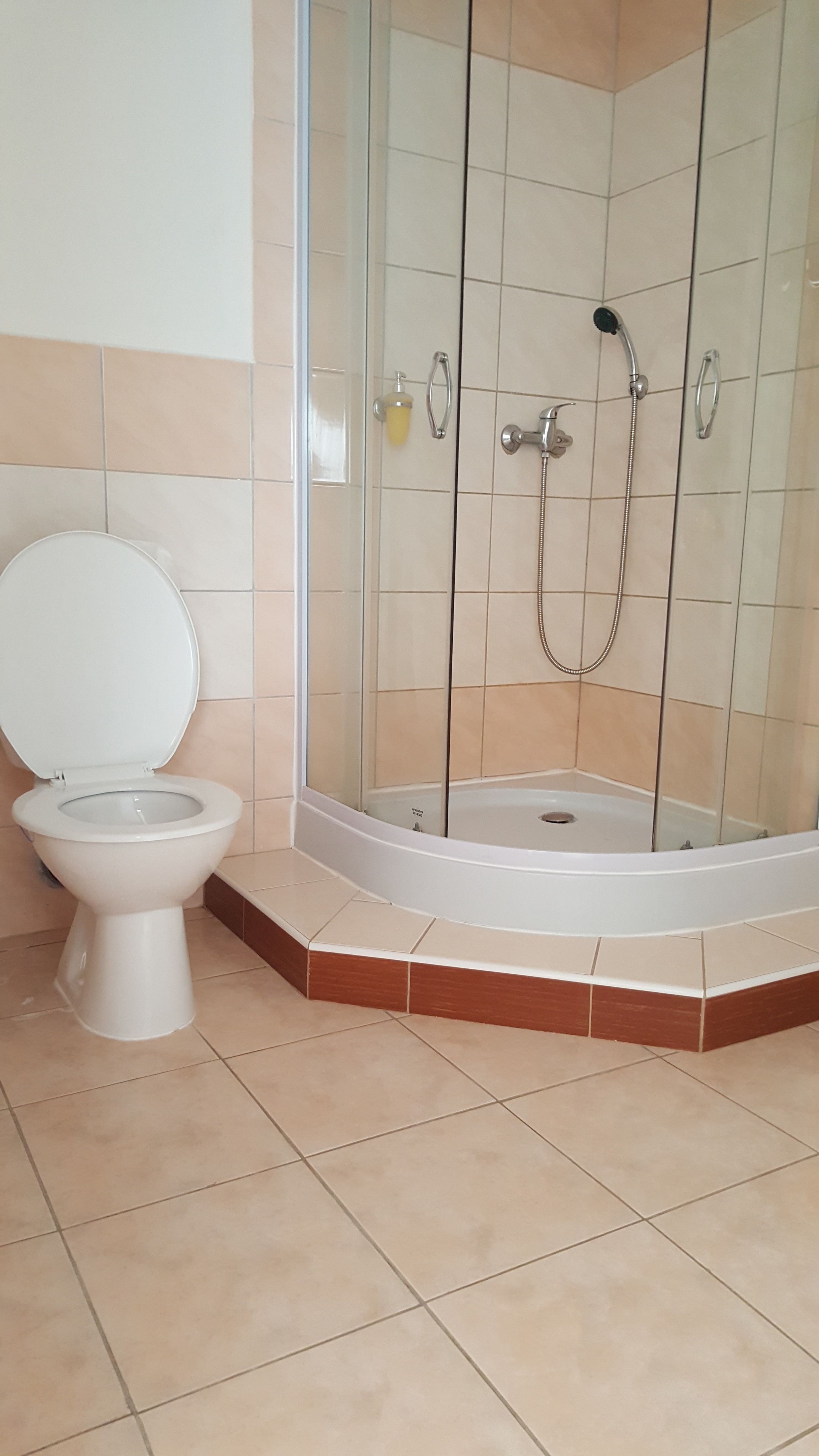 Un baño con inodoro, cabina de ducha con mampara de vidrio y bañera blanca.