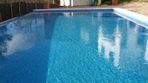 Een rechthoekig zwembad met helderblauw water, omgeven door een betegeld zonnedek en plantenbakken.
