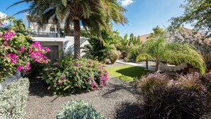 Un giardino curato con diverse piante e un prato.