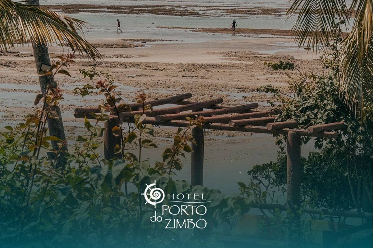 Vista de la playa con palmeras y una estructura de madera.
