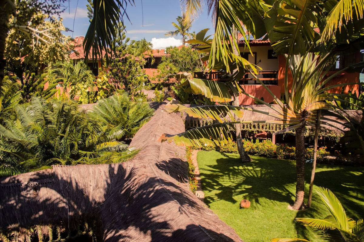 Un exuberante jardín con una estructura de techo de paja, palmeras y un césped bien cuidado.