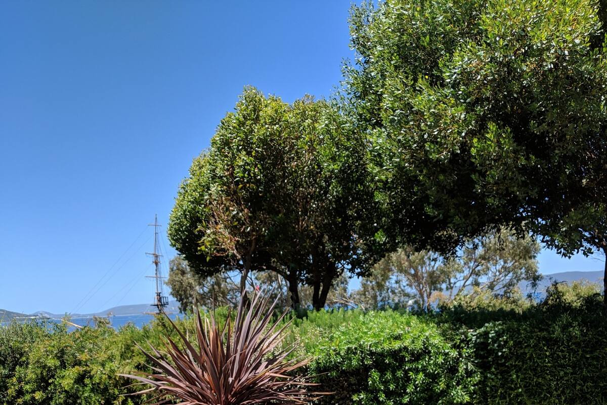 Eine Terrasse mit einem runden Tisch und vier passenden Hocker, umgeben von Kübelpflanzen und Blick aufs Meer.
