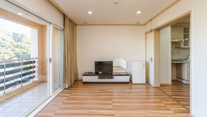 A modern apartment with a balcony, a kitchenette, and a TV on a stand.