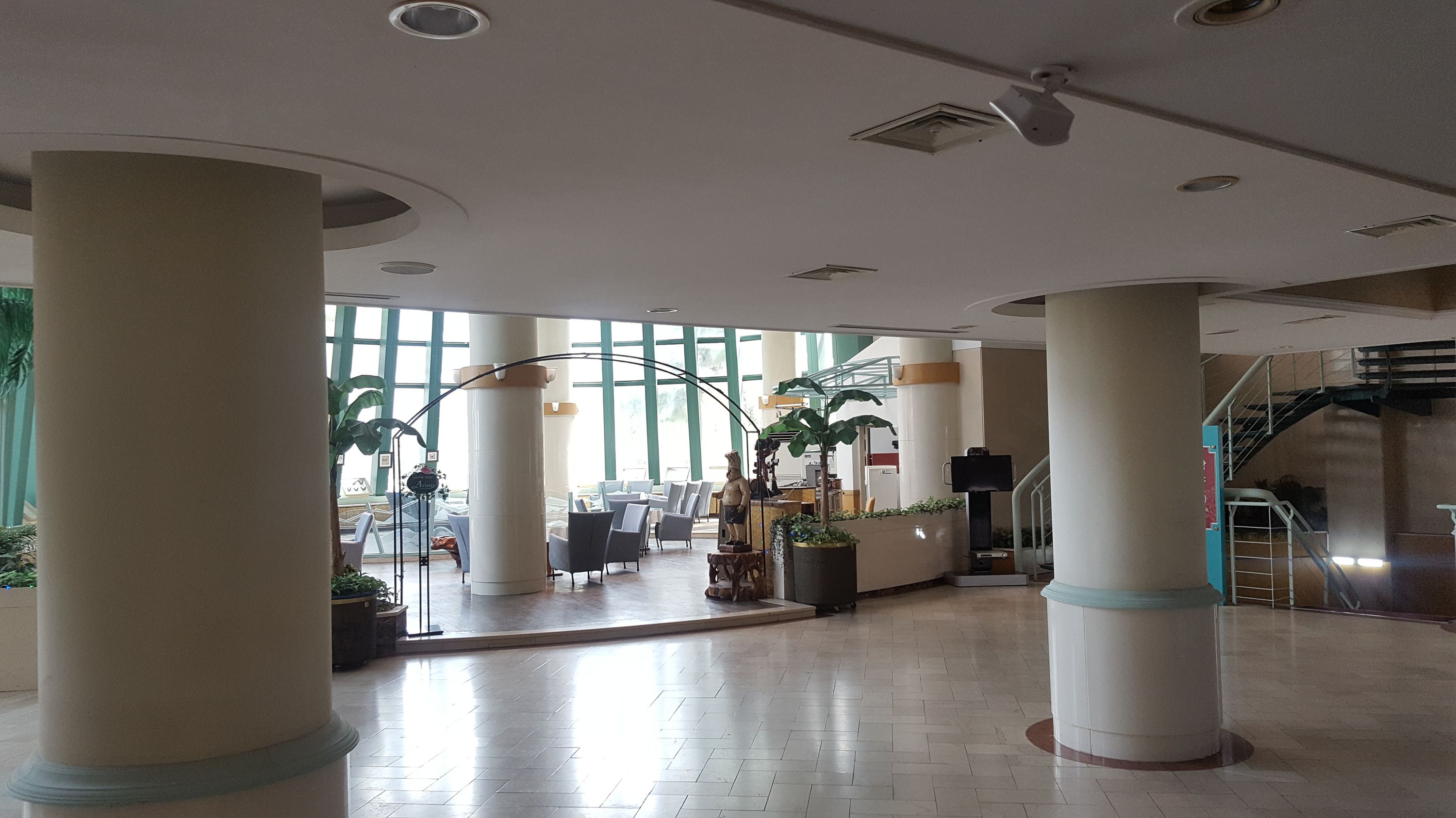 Um hall amplo com pé direito alto, grandes janelas e um arranjo de plantas no centro.