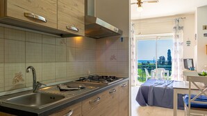 Cocina moderna con estufa a gas, pileta de acero inoxidable y muebles de madera. Tiene un balcón con vista al mar.