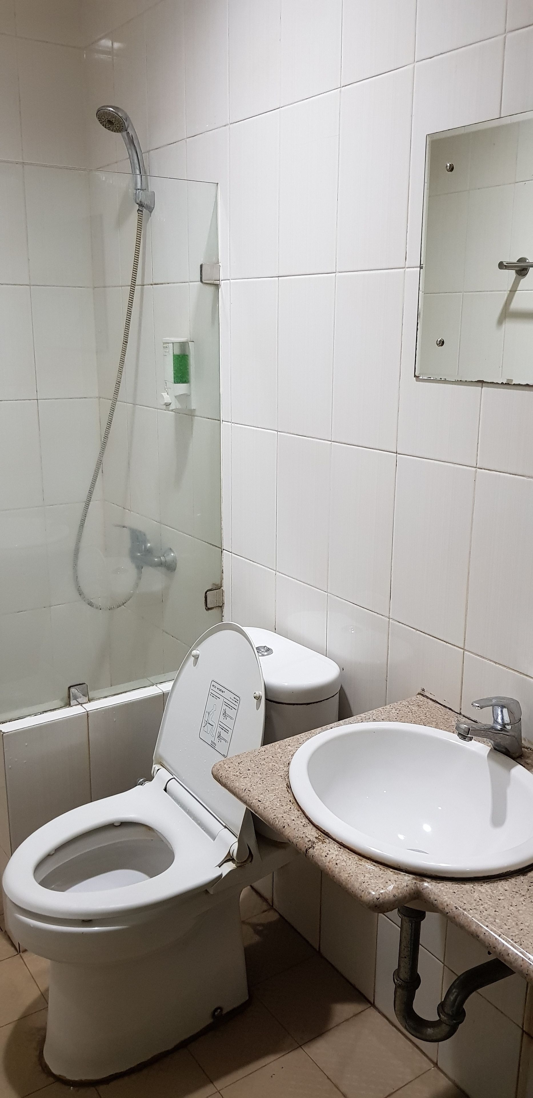 A bathroom with a toilet, sink, and shower.