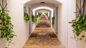 A long, narrow hallway with a stone floor and white walls. It is lined with green plants on both sides and has a series of arches along the ceiling. - Sea Life Taormina - Infinity pool (Taormina)