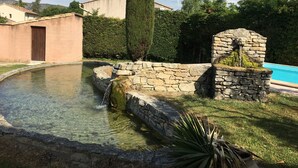 A clear pool with a stone structure and a tall, narrow tree in a landscaped garden. - House / Villa - Malaucene (Malaucène)