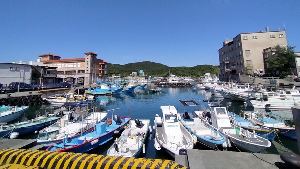 A marina with various boats docked, buildings in the background, and a clear sky. - Hai Xia Your Home (New Taipei City)