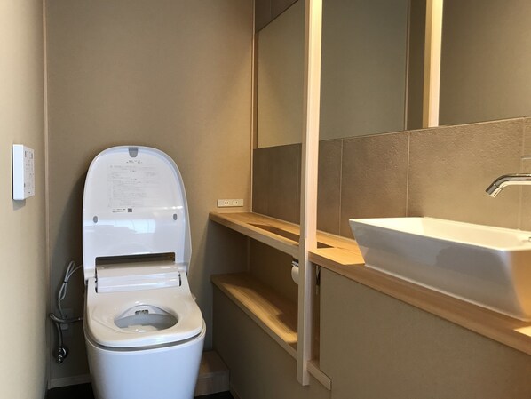 A small bathroom with a toilet, a sink, and a mirror.