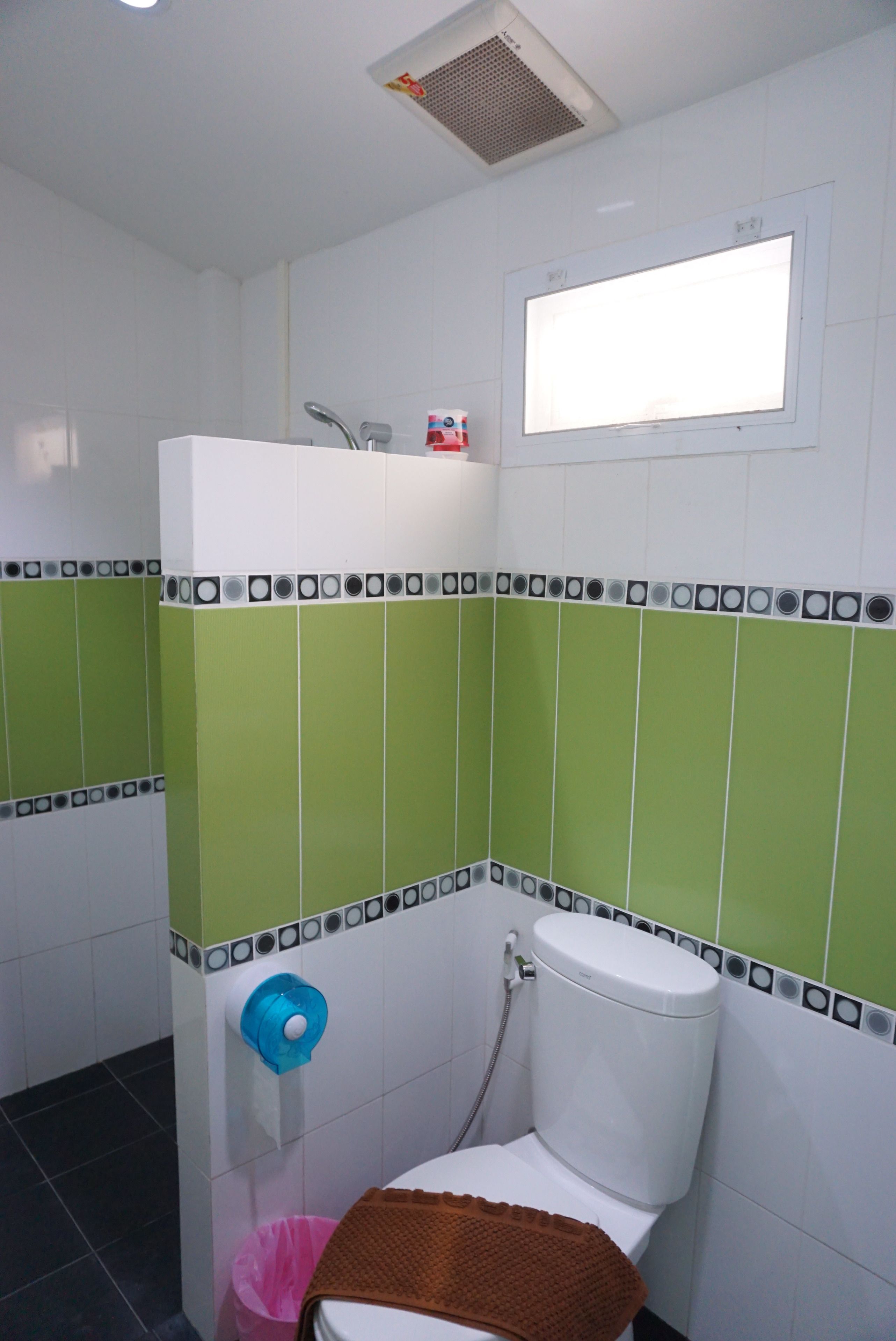 Kylpyhuone, jossa on wc, suihku ja ikkuna.