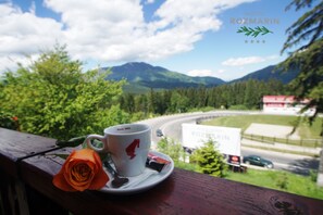 A scenic view from a balcony with a rose, a cup, and a spoon on a table.