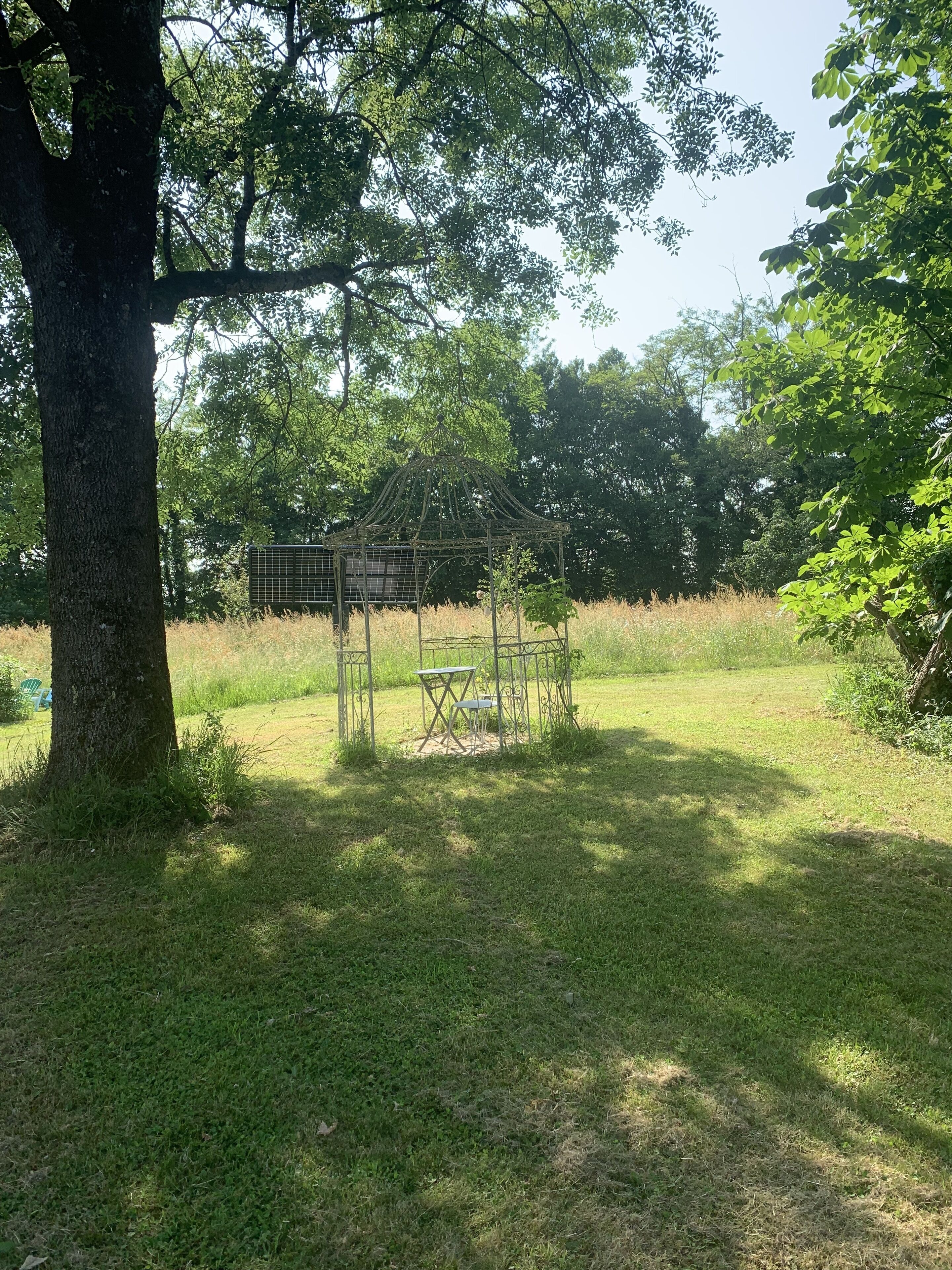 A gazebo with a metal frame and a table, surrounded by grass and trees.