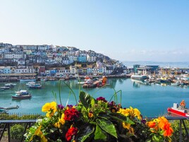A coastal town with colorful buildings, a harbor with boats, and a flower arrangement in the foreground.