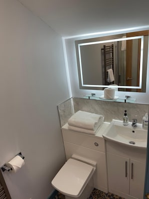 Un baño pequeño con inodoro, lavamanos, espejo y perchero para toallas.