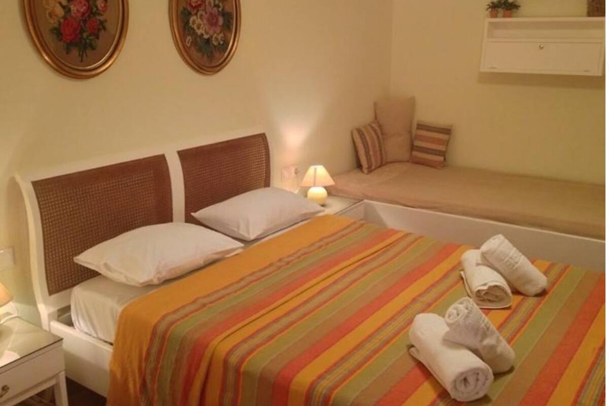 A hotel room with a bed, a bedside table, a lamp, and a small shelf with a plant.
