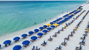 Una playa con hileras de sombrillas azules y amarillas y tumbonas.