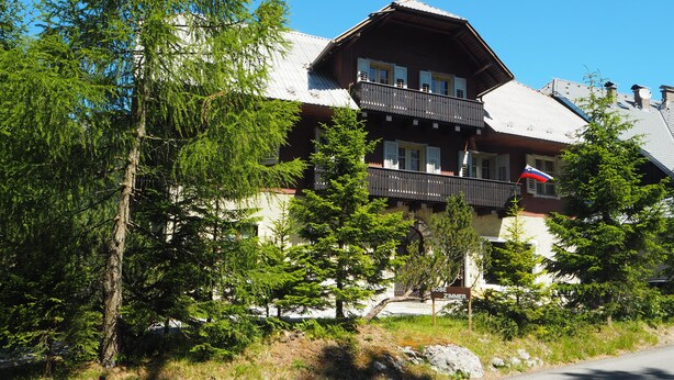A traditional chalet-style building with a balcony, surrounded by lush greenery and a clear blue sky. - Vila Koman (Jezersko)