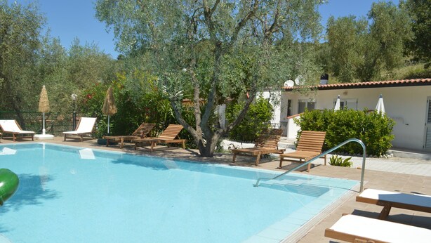 A swimming pool with lounge chairs and umbrellas, surrounded by trees and a building. - Agriturismo Valle Dei Gelsi (Peschici)