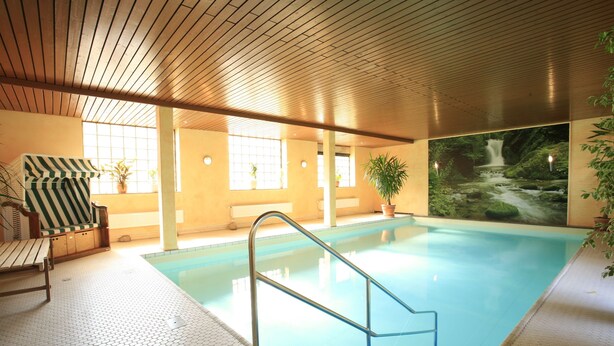 An indoor swimming pool with a wooden ceiling, a chair, and a large mural of a waterfall. - Rüter's Hotel & Restaurant (Salzhausen)