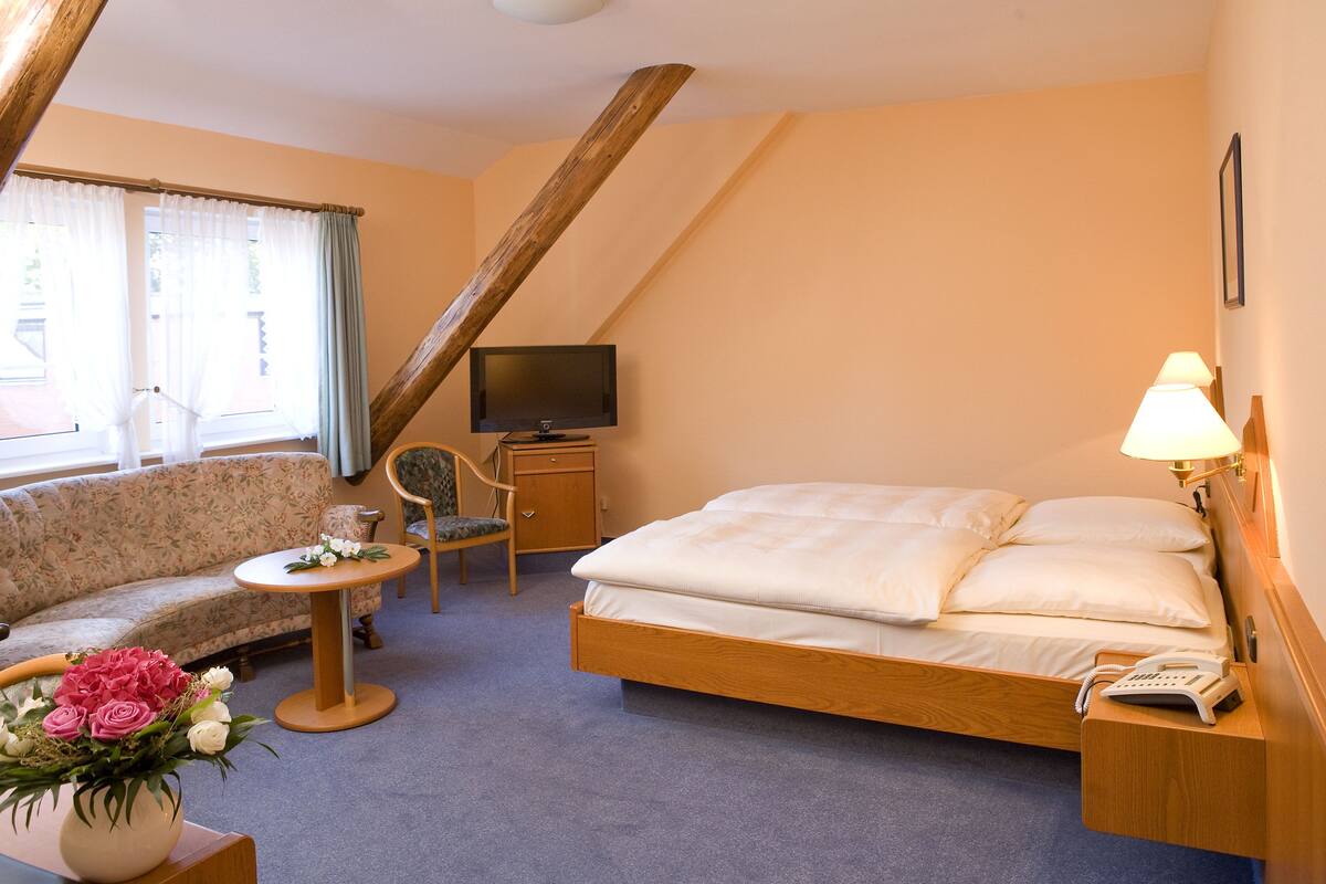 A hotel room with a bed, a sofa, a TV, a lamp, a telephone, and a small table with flowers.