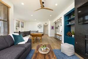 Smart TV, fireplace, DVD player, books