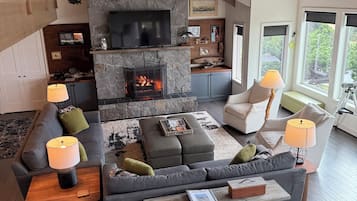 TV connectée, cheminée, lecteur de DVD, livres