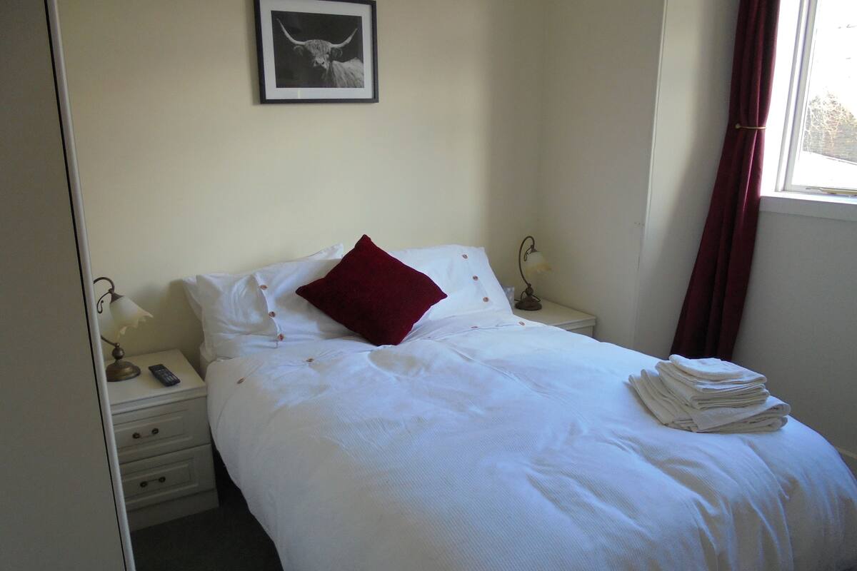 A neatly made bed with white bedding and a red pillow, a bedside lamp, a remote control, and a framed picture on the wall.