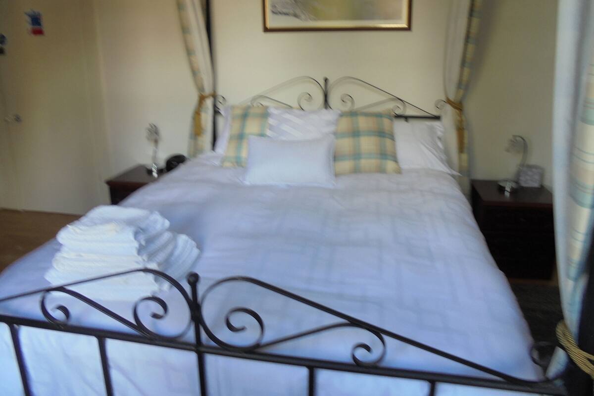 A neatly made bed with white linens and decorative pillows, a bedside table with a lamp, and a framed picture on the wall.