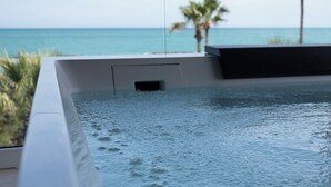 Piscina com vista para o oceano e palmeiras ao fundo.