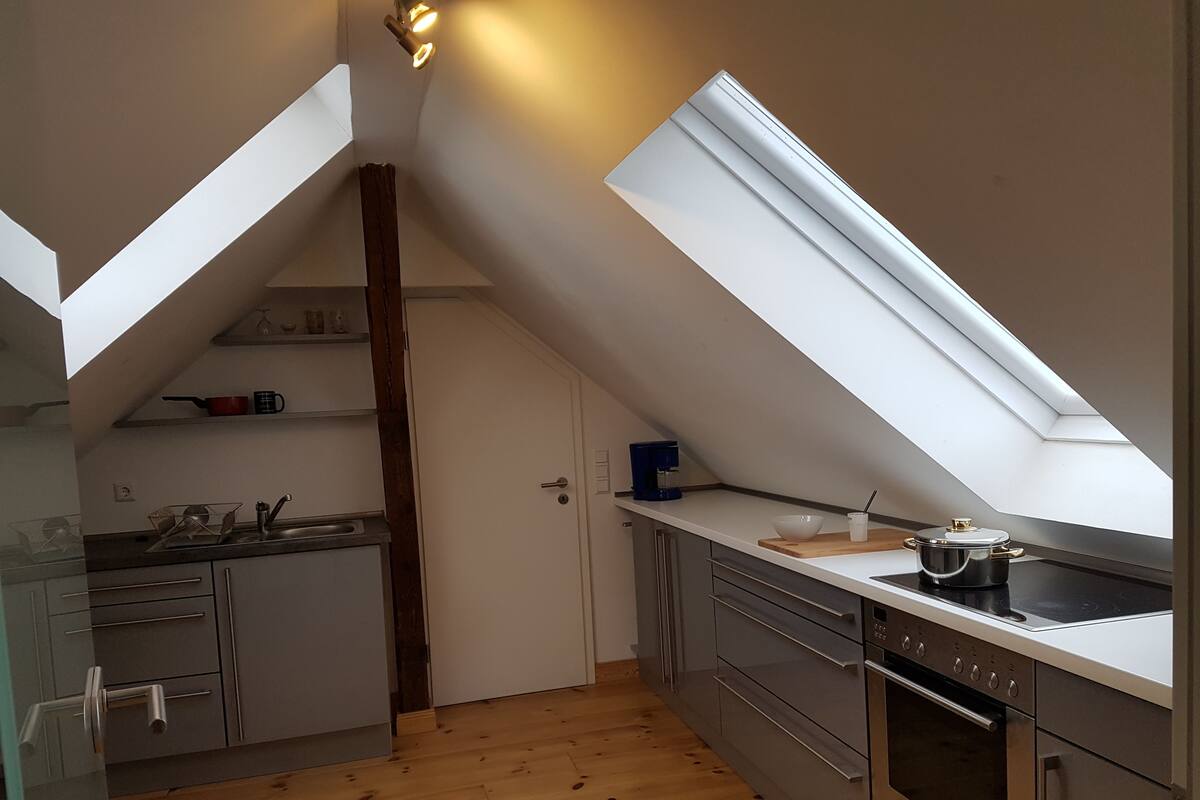 A modern kitchen with a skylight, wooden flooring, and stainless steel appliances.