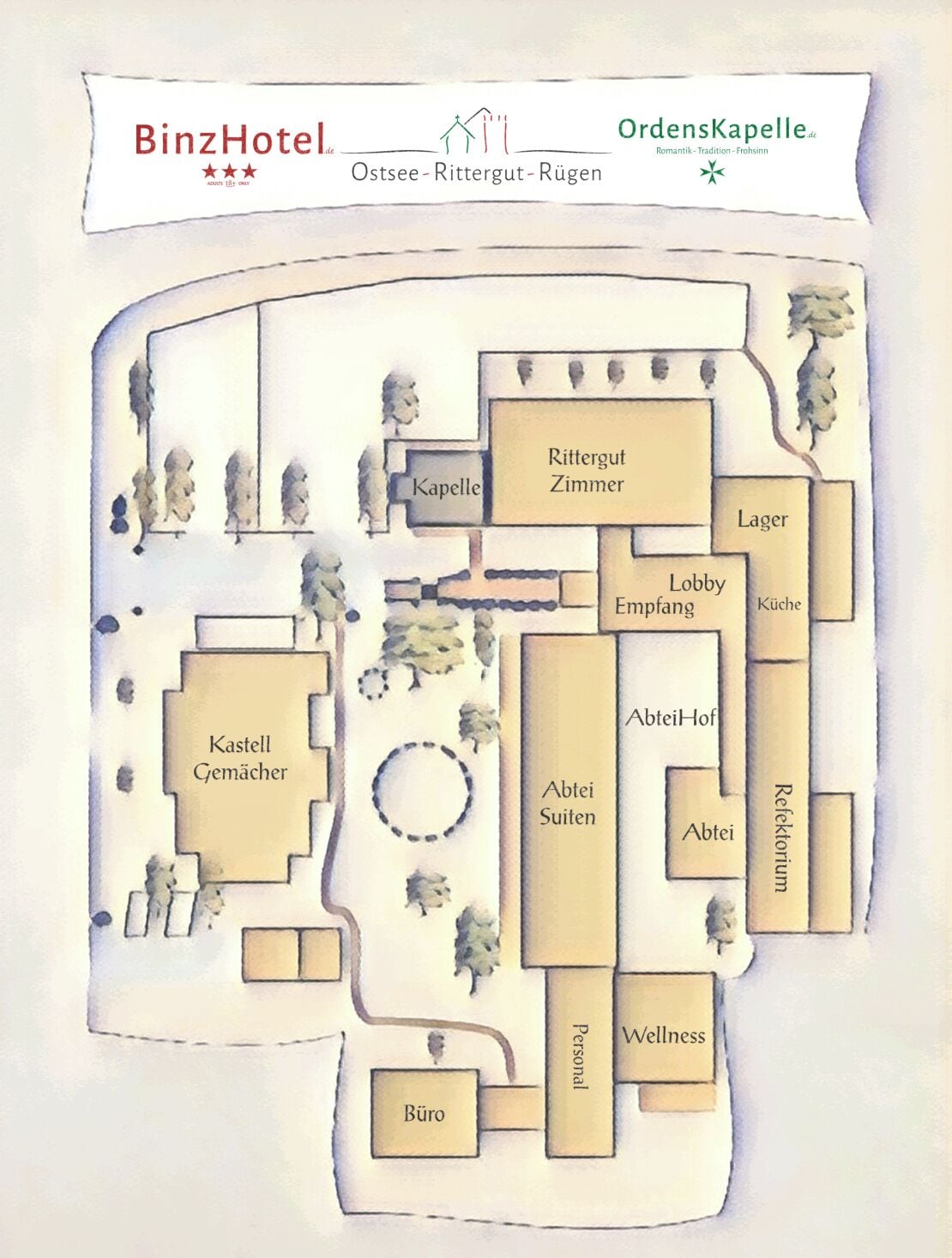 A hotel layout with labeled rooms including a lobby, kitchen, and wellness area.