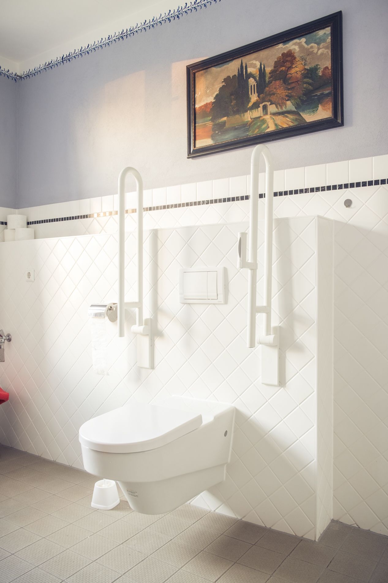 Un baño con inodoro blanco, un pasamanos y un cuadro sobre el lavabo.