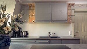 A modern kitchen with grey cabinets, a built-in oven, and a stainless steel sink. - Grafschaft Kloster Zinna (Jueterbog)